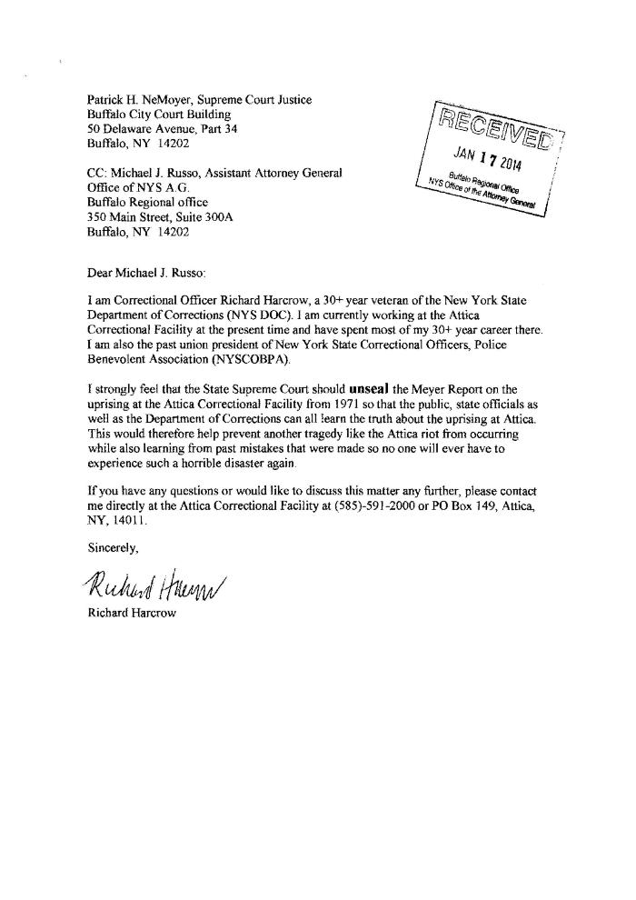 Letter from Richard Harcrow in support for the release of the Meyer Report, In the Application for a Judicial Determination as to the publication of Volumes 2 and 3 of the Meyer Report before the Honorable Patrick H. NeMoyer, State of New York Supreme Court, County of Wyoming.