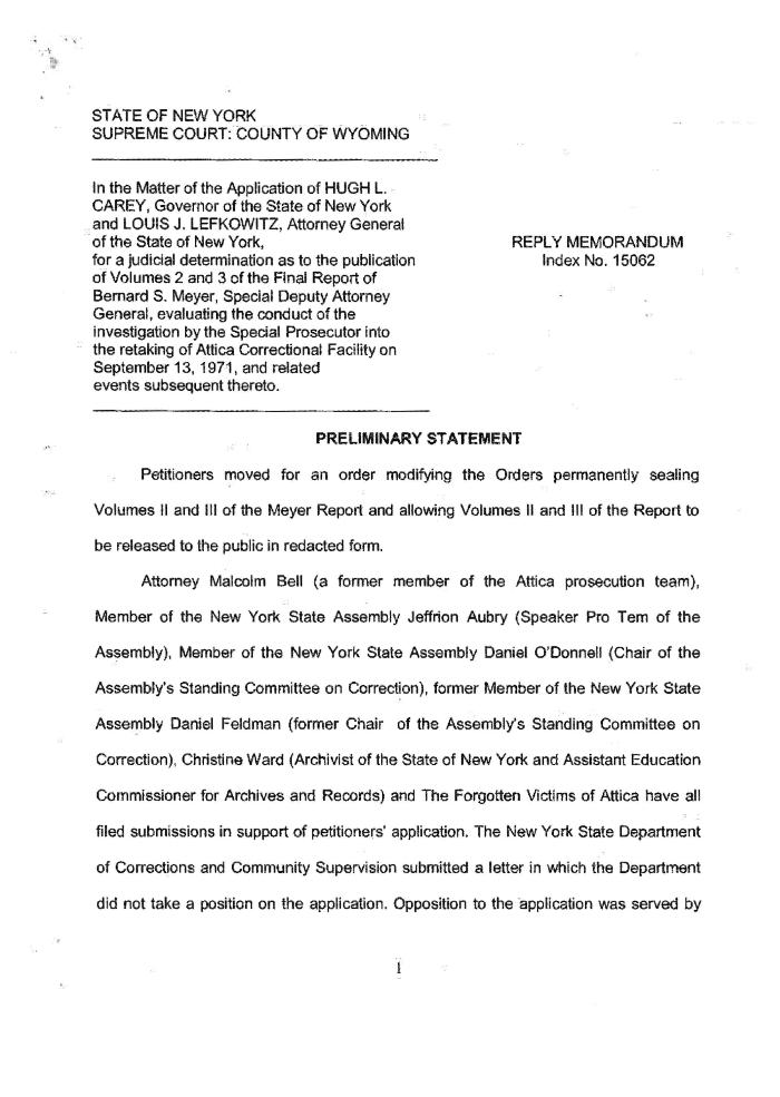 Reply Memorandum of Petitioner, In the Application for a Judicial Determination as to the publication of Volumes 2 and 3 of the Meyer Report before the Honorable Patrick H. NeMoyer, State of New York Supreme Court, County of Wyoming.