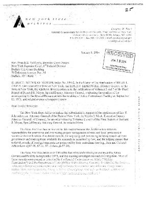 Letter from the New York State Archivist in support for the release of the Meyer Report, In the Application for a Judicial Determination as to the publication of Volumes 2 and 3 of the Meyer Report before the Honorable Patrick H. NeMoyer, State of New York Supreme Court, County of Wyoming.