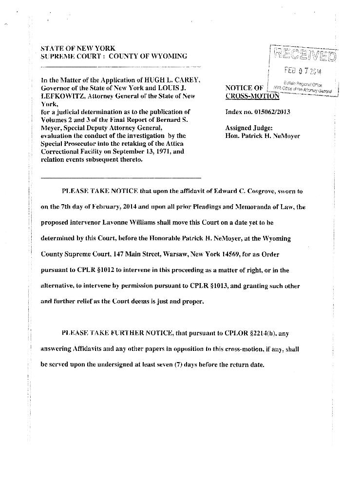 Notice of Cross-Motion and Affidavit of Cosgrove, In the Application for a Judicial Determination as to the publication of Volumes 2 and 3 of the Meyer Report before the Honorable Patrick H. NeMoyer, State of New York Supreme Court, County of Wyoming.