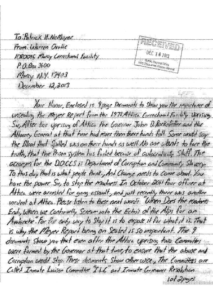 Warren Ovalle Letter of support for the release of the Meyer Report, In the Application for a Judicial Determination as to the publication of Volumes 2 and 3 of the Meyer Report before the Honorable Patrick H. NeMoyer, State of New York Supreme Court, County of Wyoming.