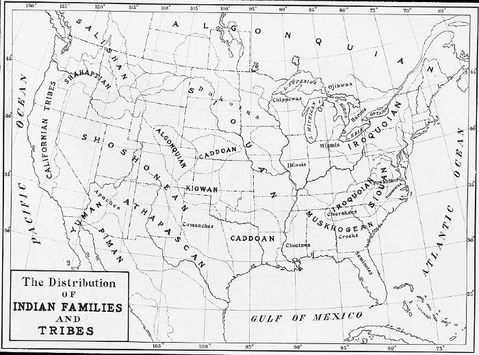 Native Americans. Map Showing Distribution of Indian Families and Tribes.