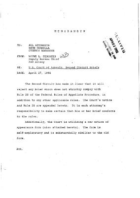 Internal memorandum to all staff attorneys from Wayne L. Benjamin, Deputy Bureau Chief of the Albany Appeals and Opinions Division of the Office of the Attorney General.
