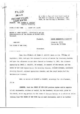 Order Permitting Discovery of the Honorable Robert M. Quigley concerning the Claim of Willie West, State of New York Court of Claims, Claim 57777.
