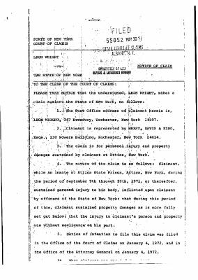 Notice of Claim, State of New York Court of Claims in the matter of Wright vs State of New York, Claim 55052