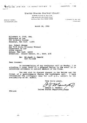 Letter from Magistrate Judge Edmund Maxwell to Elizabeth Fink and Attorney General Robert Abrams