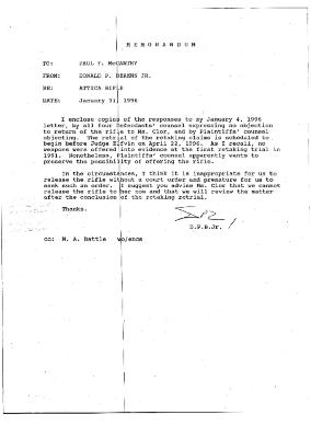 Memorandum from Donald Berens to Paul McCarthy Re: Attica Rifle