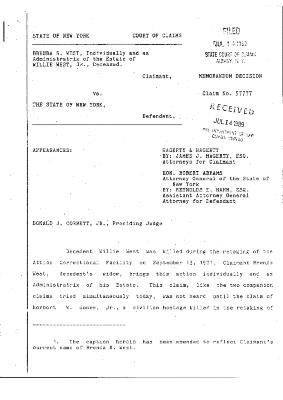 Memorandum Decision of the Honorable Donald J. Corbett, Jr. concerning the Claim of Willie West, Jr., State of New York Court of Claims, Claim 57777.