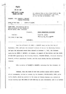 Order Permitting Discovery of the Honorable Robert M. Quigley concerning the Claim of Melvin DuVall Gray, State of New York Court of Claims, Claim 57776.