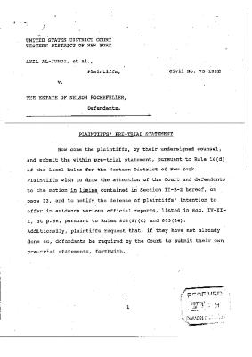 Plaintiff's Pre-Trial Statement, United States District Court, Western District of New York in the matter of Akil Al-Jundi, et al. v. Estate of Nelson A. Rockefeller, et al.