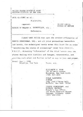 Affirmation of Cunningham, United States District Court, Western District of New York in the matter of Akil Al-Jundi, et al. vs Estate of Rockefeller, et al.