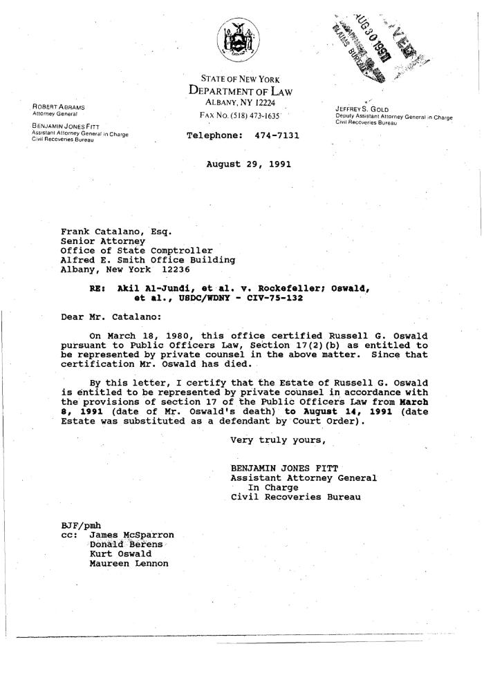 Letter from AAG Benjamin Fitt to Frank Catalano