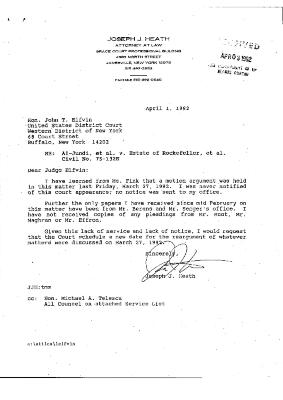 Letter from Joseph Heath to Hon. John Elfvin