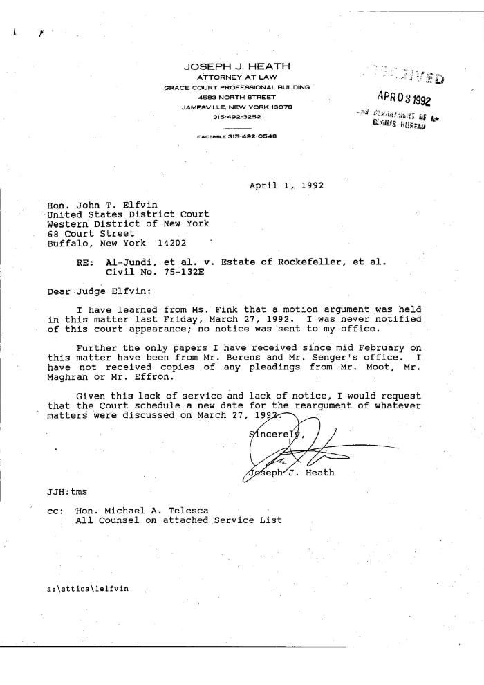 Letter from Joseph Heath to Hon. John Elfvin