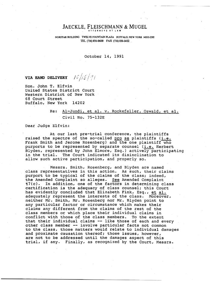 Correspondence of Banas, Pro Se Plaintiffs, United States District Court, Western District of New York in the matter of Akil Al-Jundi, et al. vs Rockefeller et al.