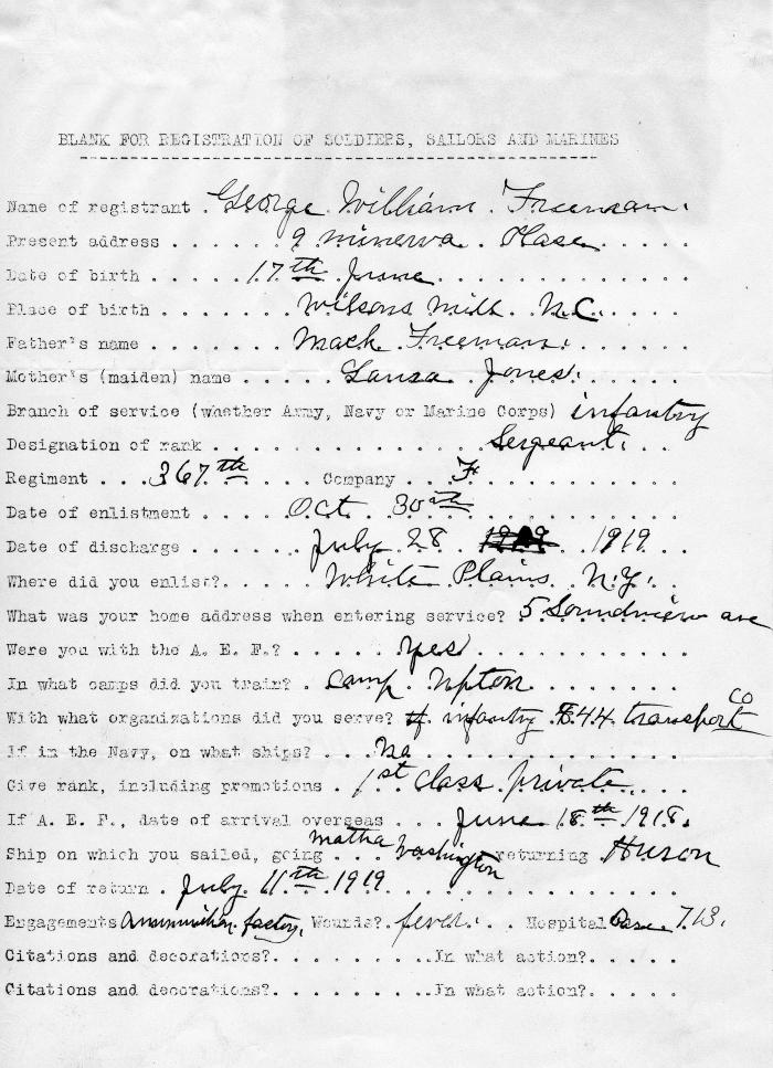 George Freeman, Military Registration