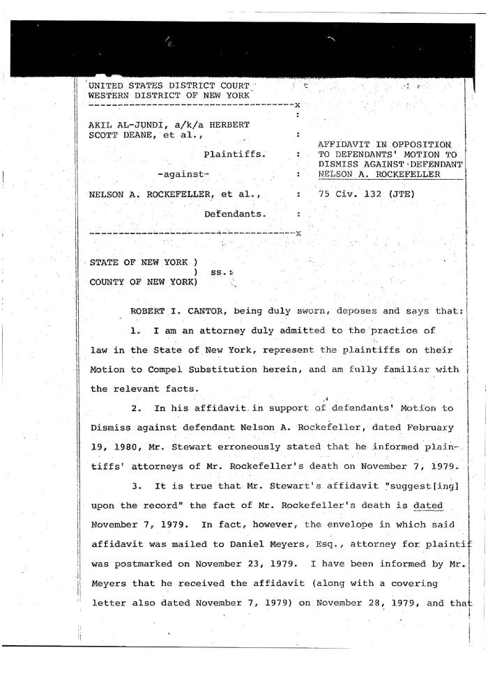 Affidavit in opposition to defendants’ motion to dismiss action against defendant Nelson A. Rockefeller