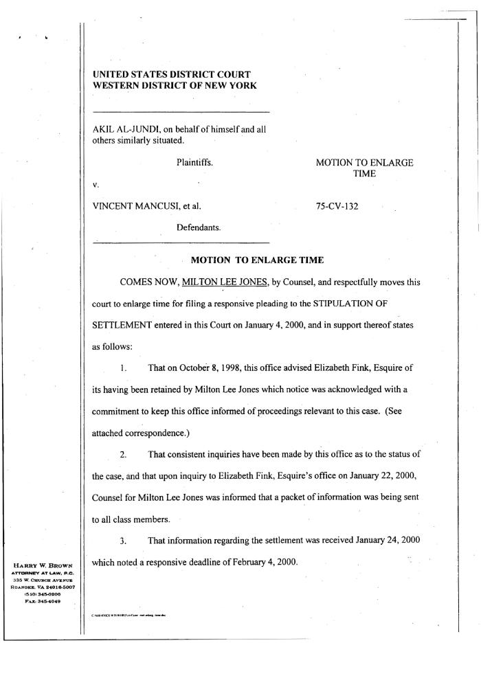 Motion to Enlarge Time in the Matter of Al-Jundi et al., vs. Mancusi, et al., United States District Court, Western District of New York