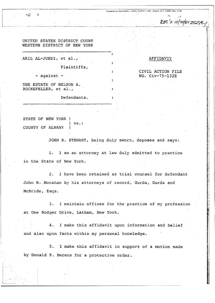 Affidavit submitted by John R. Stewart, acting as trial counsel for defendant John W. Monahan