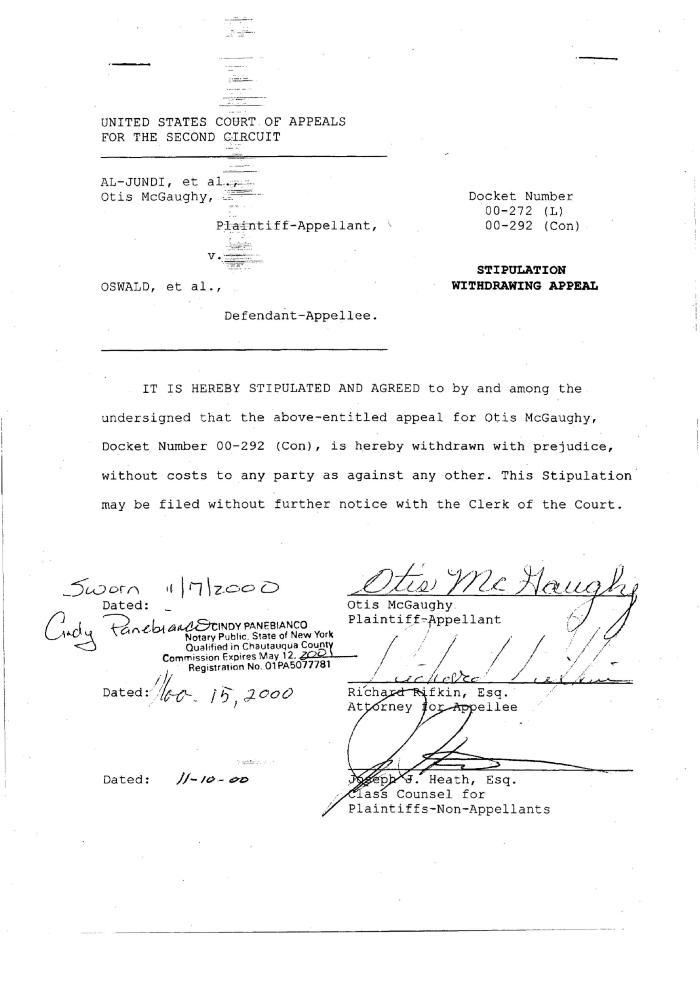 Stipulation Withdrawing Appeal in the Matter of Al-Jundi, et al., vs. Mancusi, et al., United States Court of Appeals for the Second Circuit.