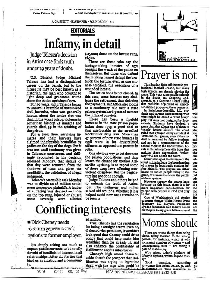 Articles from the Rochester Democrat and Chronicle, in the Matter of Al-Jundi et al. vs Mancusi, United States District Court, Western District of New York
