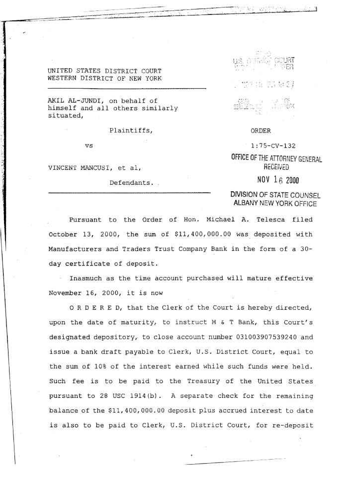 Order in the Matter of Al-Jundi, et al., vs. Mancusi, et al., United States District Court, Western District of New York