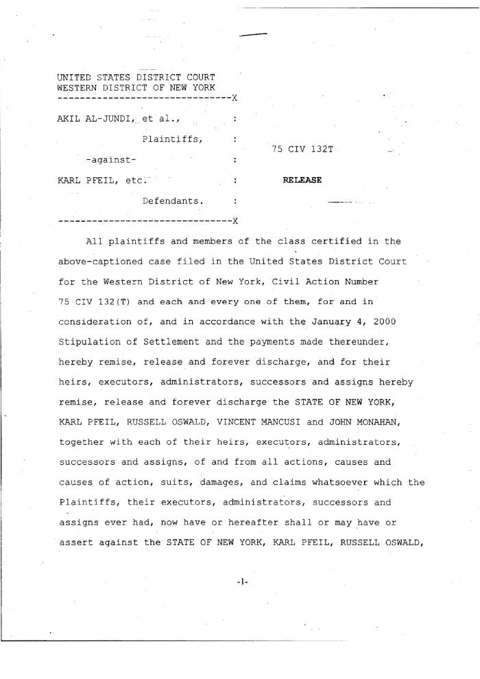 Release in the Matter of Al-Jundi, et al., vs. Pfeil, et al., United States District Court, Western District of New York