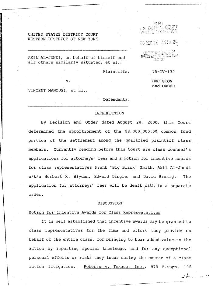 Decision and Order in the Matter of Al-Jundi, et al., vs. Mancusi, et al., United States District Court, Western District of New York