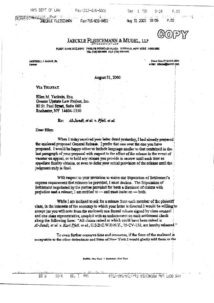 Letter from Banas, Jr. to Yacknin, in the Matter of Al-Jundi et al., v. Mancusi, et al., United States District Court, Western District of New York.