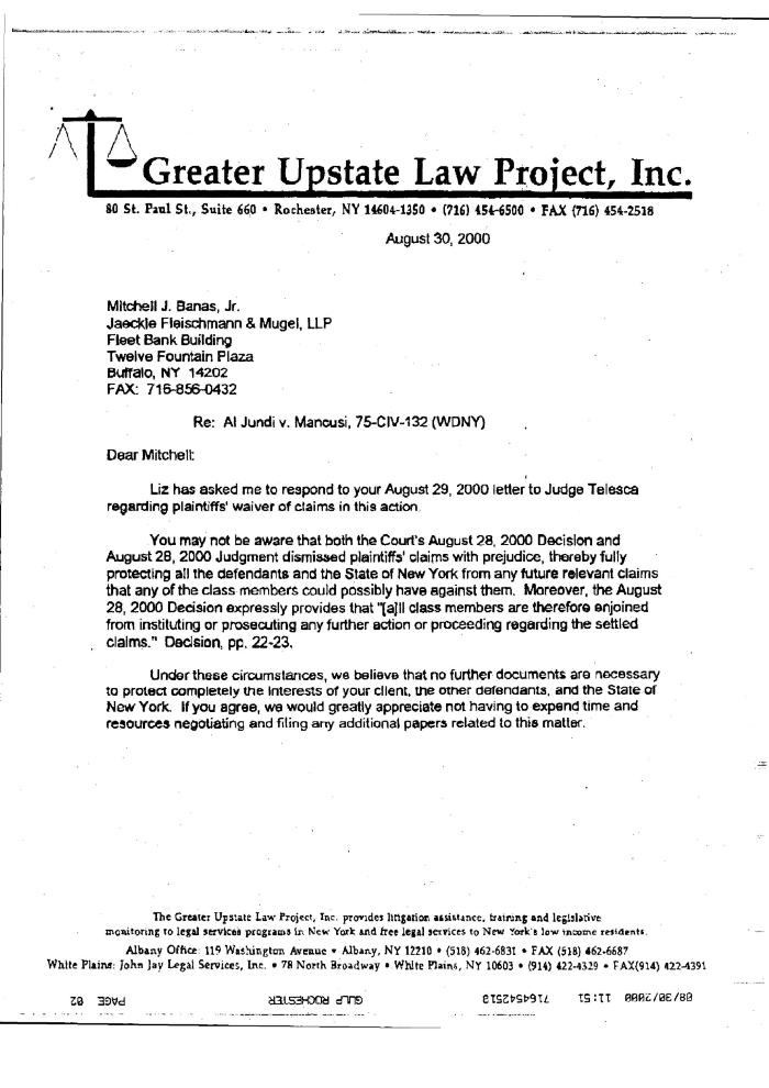 Letter from Yacknin to Banas, in the Matter of Al-Jundi et al., v. Mancusi, et al., United States District Court, Western District of New York.