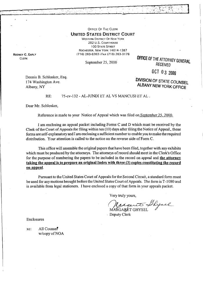 Notice of Appeal in the Matter of Al-Jundi et al., v. Mancusi, et al., United States District Court, Western District of New York.