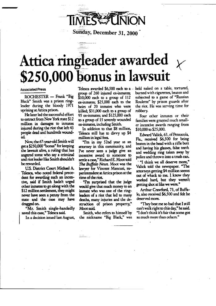 Attica Ringleader Awarded $250,000 Bonus in Lawsuit, Albany Times Union, in the Matter of Al-Jundi, et al., vs. Mancusi, et al., United States District Court, Western District of New York