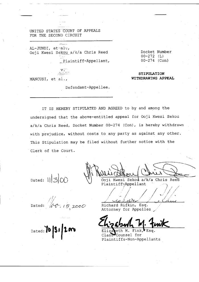 Stipulation Withdrawing Appeal in the Matter of Al-Jundi, et al., vs. Mancusi, et al., United States Court of Appeals for the Second Circuit.