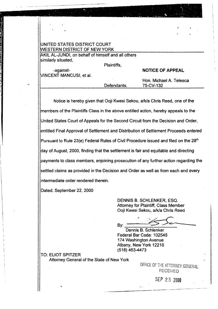 Notice of Appeal in the Matter of Al-Jundi et al., v. Mancusi, et al., United States District Court, Western District of New York.