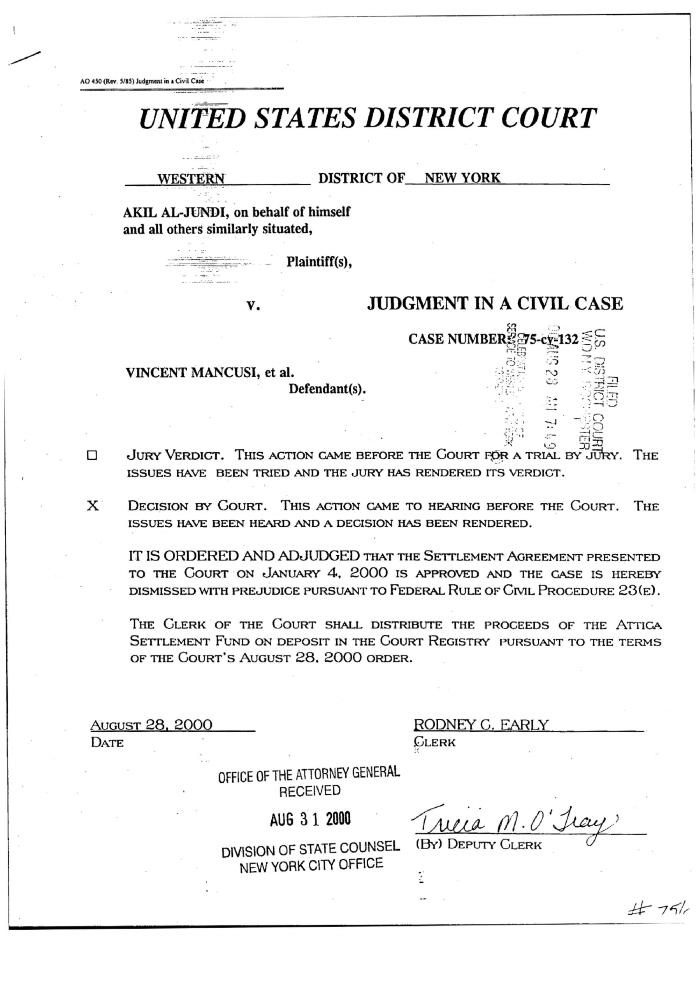 Judgment in a Civil Case in the Matter of Al-Jundi et al., vs. Mancusi, et al, United States District Court, Western District of New York