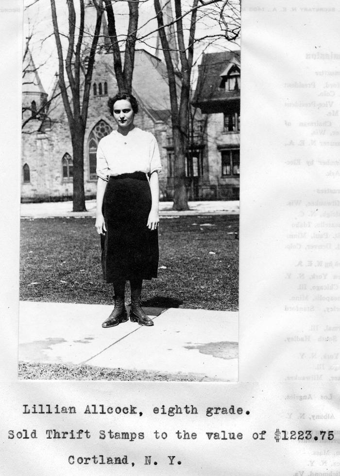 Lillian Allcock, Eighth Grade.  Sold Thrift Stamps to the Value of $1223.75