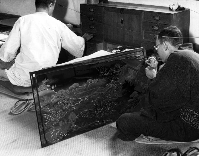 Man at Work on Panel Lacquered in Relief, Lacquer Factory. Kyoto, Japan [slide cracked]