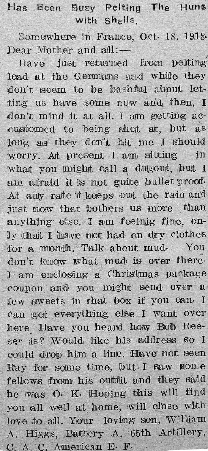 William A. Higgs letter, October 18, 1918