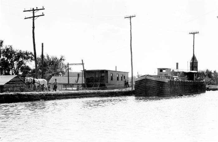 Erie Canal. Boat Being Guided By Horses