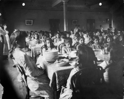 Thomas Indian School Photograph,  Girls in Dining Hall Before a Meal