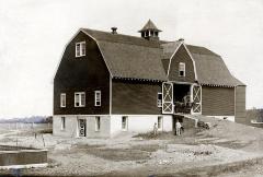 Thomas Indian School Photograph, No.38, View of New Dairy Barn with Team of Horses at Entrance