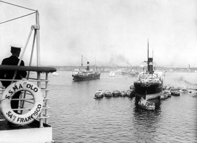 Harbor; Steamer and Freighter. Yokohama, Japan