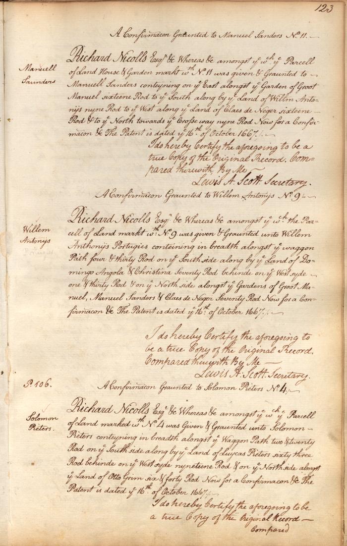 Confirmation of letters patents issued to Manuell Saunders and Willem Antonys Portugies