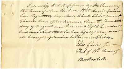 Certification of birth and abandonment of a child named Charles born to enslaved persons in New Rochelle, August 20, 1801
