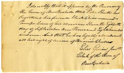 Certification of birth and abandonment of a child named Temple born to enslaved persons in New Rochelle, September 18, 1801