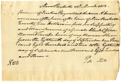 Payment for child named Temple born to enslaved persons in New Rochelle, March 23, 1803
