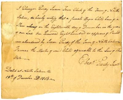 Certification of birth and abandonment of a child born to enslaved persons in North Salem, December 19, 1803
