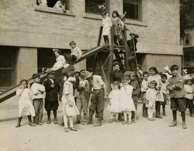 Playground apparatus in use. Schenectady School Playground