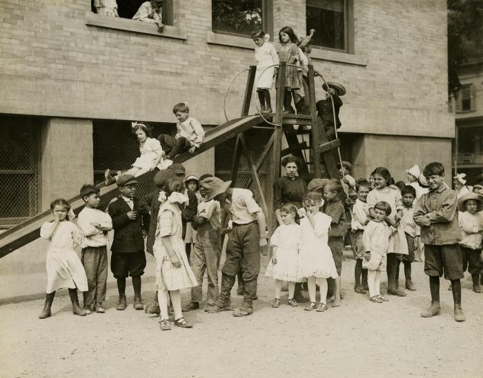 Playground apparatus in use. Schenectady School Playground