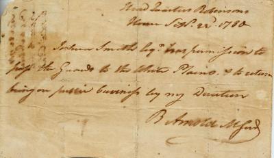 Pass for Joshua Smith to White Plains, 1780